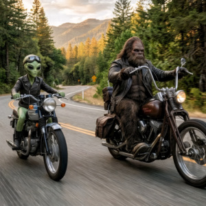 Bigfoot and Alien on Motorcycles