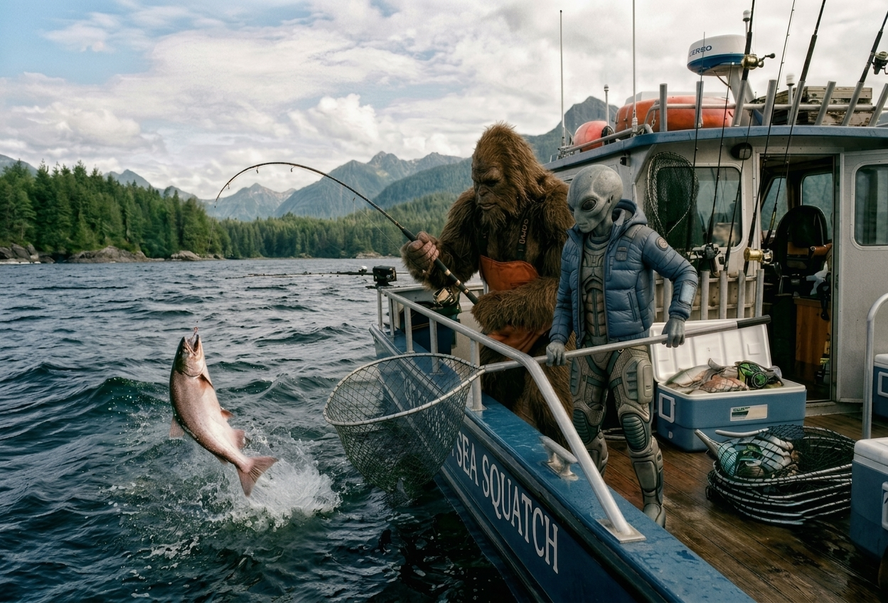 Bigfoot and Alien Salmon Fishing
